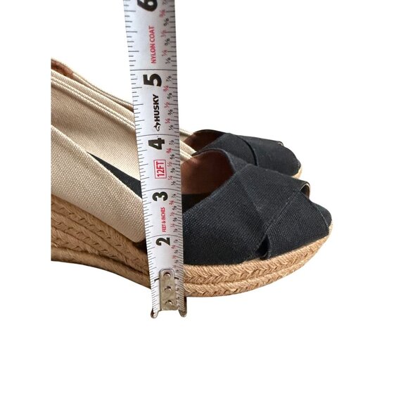 TORY BURCH Beige Black Canvas Logo Peeptoe Wedges Espadrilles Size 8.5 - Picture 5 of 12